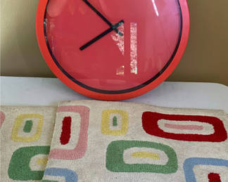 Lot 48: Bright Colored Geometric Small Throw Rugs And Red Metal Clock