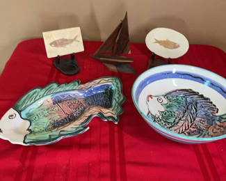 Lot 12: Painted Fish Ceramic Serving Pieces, Fish Fossils