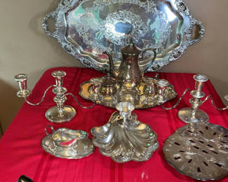 Lot 9: Silver Plate Tea Service, Candlelabras, Serving Items