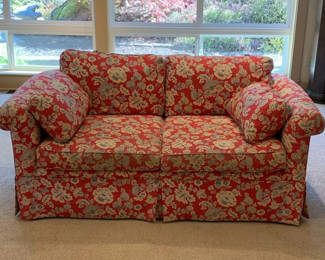 Lot 42: Red Floral Fabric Love Seat
