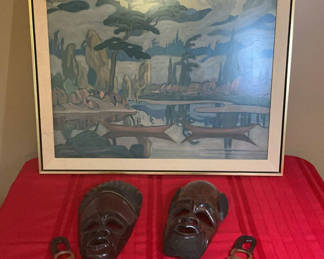 Lot 23: African Masks, Napkin Rings, Well Known Wall Art