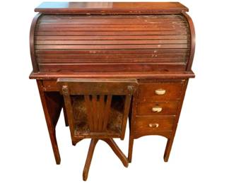 168 - Vintage Roll Top Desk w/ Chair (Description): Desk - 30 x 20 x 36 Chair - 15 x 29 x 16