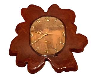 179 - Vintage Lacquer Finished Wood Slab Wall Clock (Description): 20" Round Used as is electric/electronic/mechanical  item. No guarantee all components, untested.