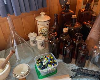 Large glass funnel, vintage photos of Morrisville 