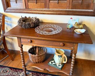 Dining Room-stand, hens on nest, pinecone basket