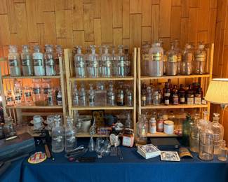 Family Room-Early Glass Apothecary Jars with Glass over labels. Other Pharmacy items. 