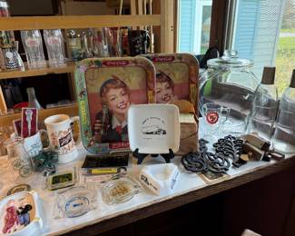Kitchen-local advertising items, Planters Peanuts Jar, Coca Cola trays, soda fountain bottles