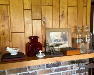 Family Room-Merck Sharp mortar/pestle, scale with weights, weight set, apothecary jars, early gas station photo 1926 