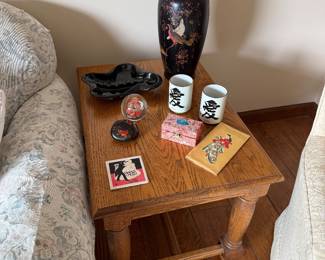 Asian style black glass vase, pair end tables 
