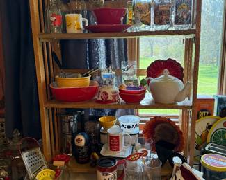 Vintage kitchen-enamel storage containers, Pyrex, muppets glasses, ranger Joe bowl/mug