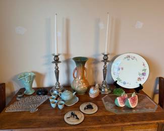 Roseville vase, flower frogs, silhouettes, cake plate, candlesticks, watermelon s&p