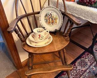 Child’s chair, Snow White plate, Johnson Bros. Playtime set