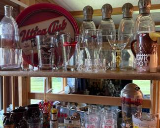 Soda fountain bottles, Pepsi soda fountain glasses, shakers 