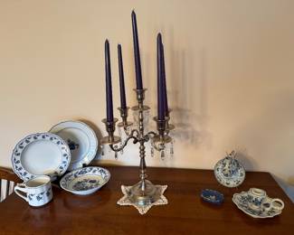 Blue Danube set & candle holder, silver candelabra 