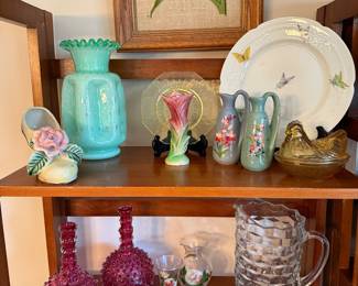 Fenton bubble case glass vase, yellow hen on nest, Amethyst mini vases, Gettysburg souvenir vases, cranberry glass vases