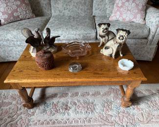 Pair of Pugs, pink depression bowl, Turkey whiskey bottle 