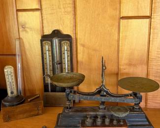 Family Room-Henry Troemner scale with weights, wooden box with weights, Lukens Coal Thermometer (Middletown, NY), Humidity thermometer 