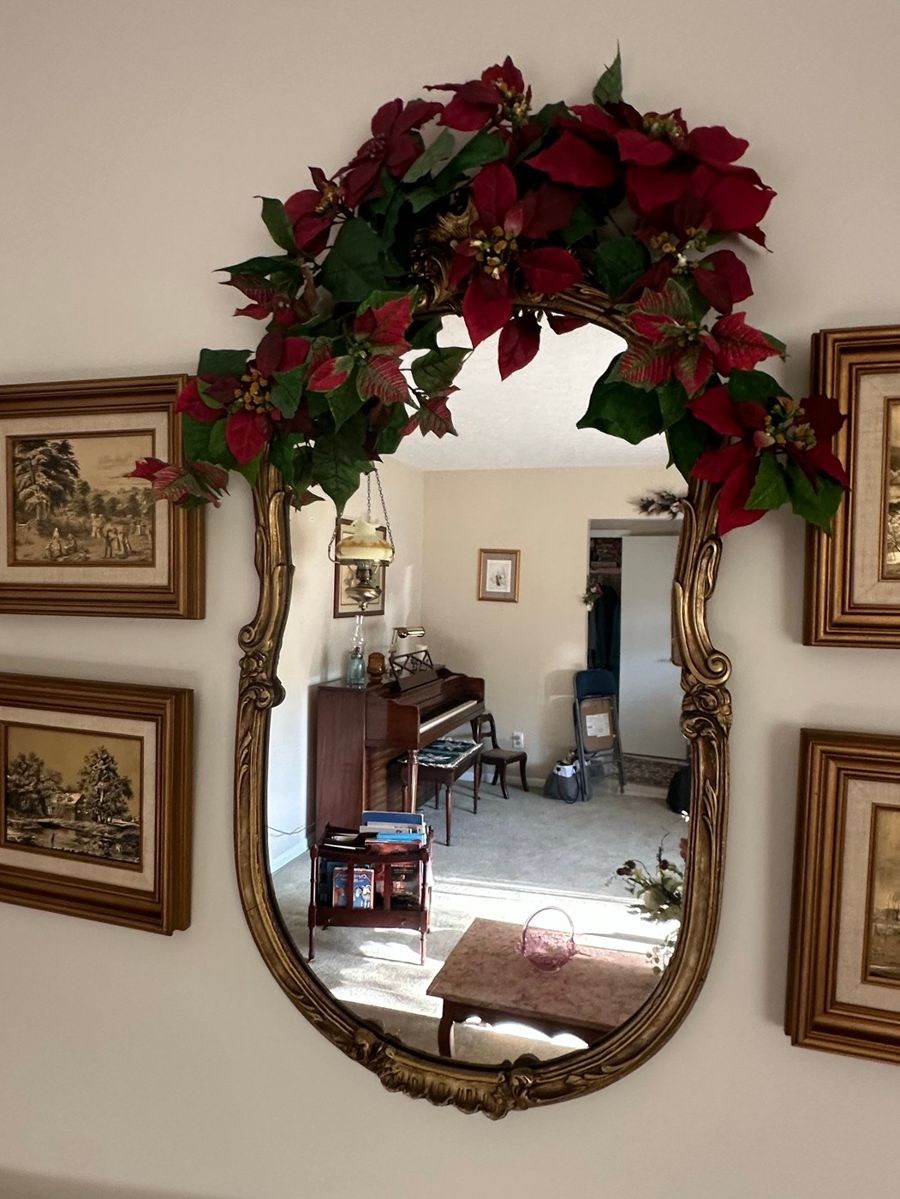Ornate Gilt Oval Mirror with Faux Poinsettia Garland
