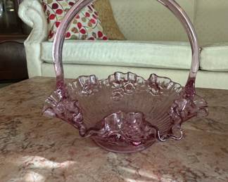 Fenton Rosemilk Glass Ruffled Basket with Handle