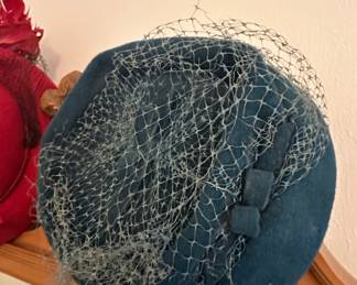 Vintage Teal Felt Pillbox Hat with Veil and "AF" Label