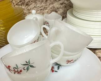 Fire-King "Cherry Blossom" Milk Glass Tea Cup and Saucer Set