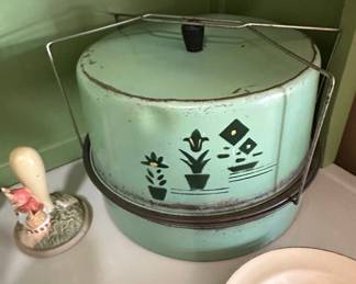 Vintage Metal Cake Carrier with Floral Motif