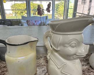 Assorted Ceramic Pitchers and Folk Art Teapot