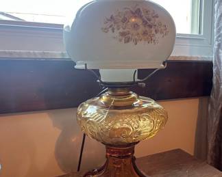 Vintage Amber Glass "Gone With The Wind" Style Hurricane Lamp with Hand-Painted Floral Shade