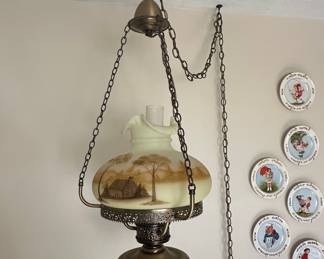 Fenton Hand Painted "Log Cabin" Hanging Oil Lamp Signed Clara F.