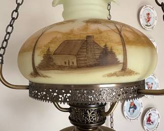 Fenton Hand Painted "Log Cabin" Hanging Oil Lamp Signed Clara F.
