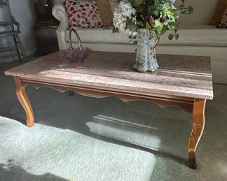 Vintage Pink Marble Top Coffee Table with Scalloped Apron and Cabriole Legs