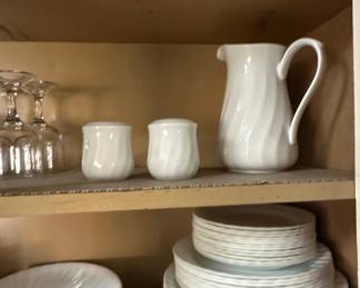 White Swirl Ceramic Pitcher, Salt and Pepper Shakers, and Dinnerware Set