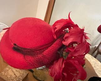 Glenover Women's Red Felt Hat with Feathers and Veil