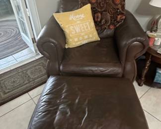 Brown Leather Recliner Armchair with Ottoman