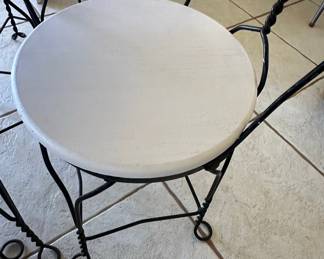 Wrought Iron Bistro Set with Heart Back Chairs and Amber Glass Oil Lamp