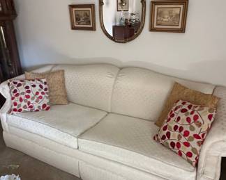 Ethan Allen Cream Upholstered Sofa with Damask Pattern