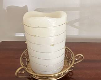 Decorative Pillar Candle with LED String Lights and Ornate Gold Metal Holder