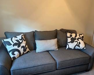 Charcoal Gray Upholstered Sofa with Decorative Pillows