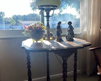 Victorian Style Parlor Lamp with Floral Frosted Glass Shade and Pedestal Side Table