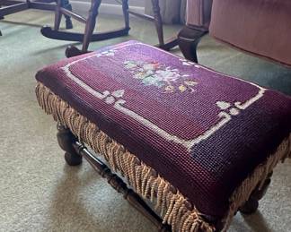 Victorian Needlepoint Footstool with Floral Motif
