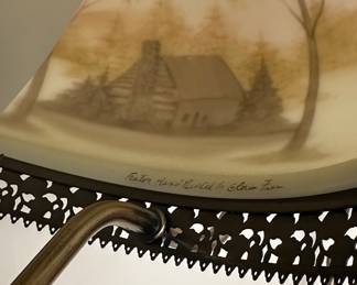 Fenton Hand Painted "Log Cabin" Hanging Oil Lamp Signed Clara F.