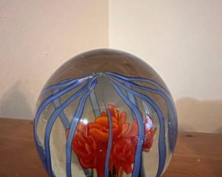 Glass Paperweight with Red Flower and Blue Swirls