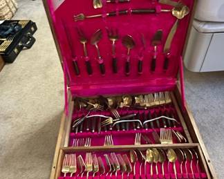 Siam Brass and Rosewood Flatware Set in Wooden Case