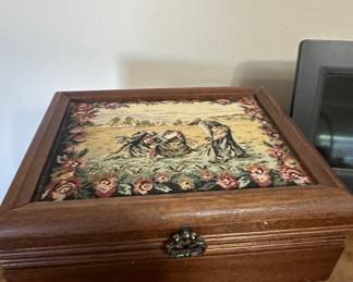 Vintage Mele Wooden Jewelry Box with Tapestry Panel