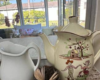Assorted Ceramic Pitchers and Folk Art Teapot