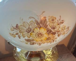Vintage Amber Glass "Gone With The Wind" Style Hurricane Lamp with Hand-Painted Floral Shade