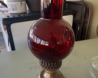 Vintage Ruby Red Glass Oil Lamp with Brass Base