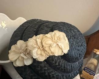 Vintage Navy Straw Hat with Fabric Flowers