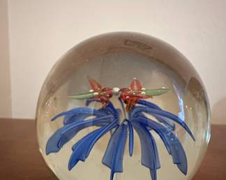 Glass Paperweight with Blue Flower and Red Insects
