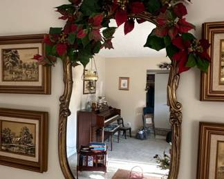 Ornate Gilt Oval Mirror with Faux Poinsettia Garland